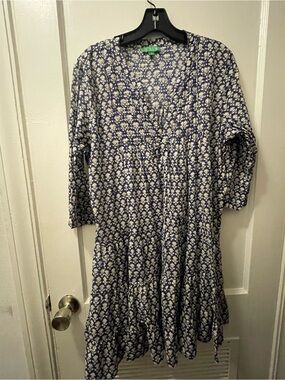 J. Crew Navy and White Floral V-Neck Tiered Midi Dress